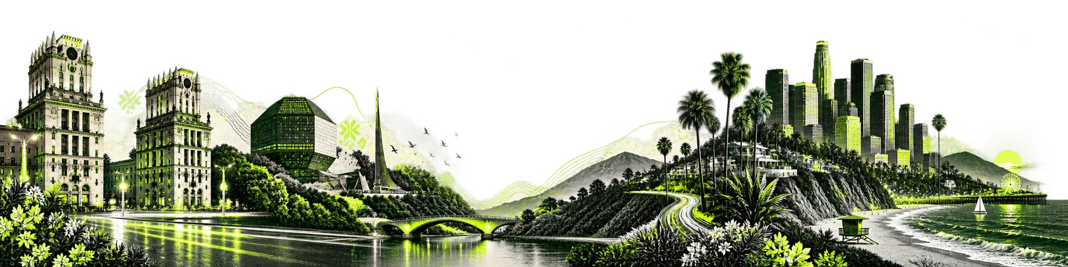 A green editorial panorama flowing from the Gates of Minsk and the National Library of Belarus into Los Angeles hills, palms, and the Pacific coast